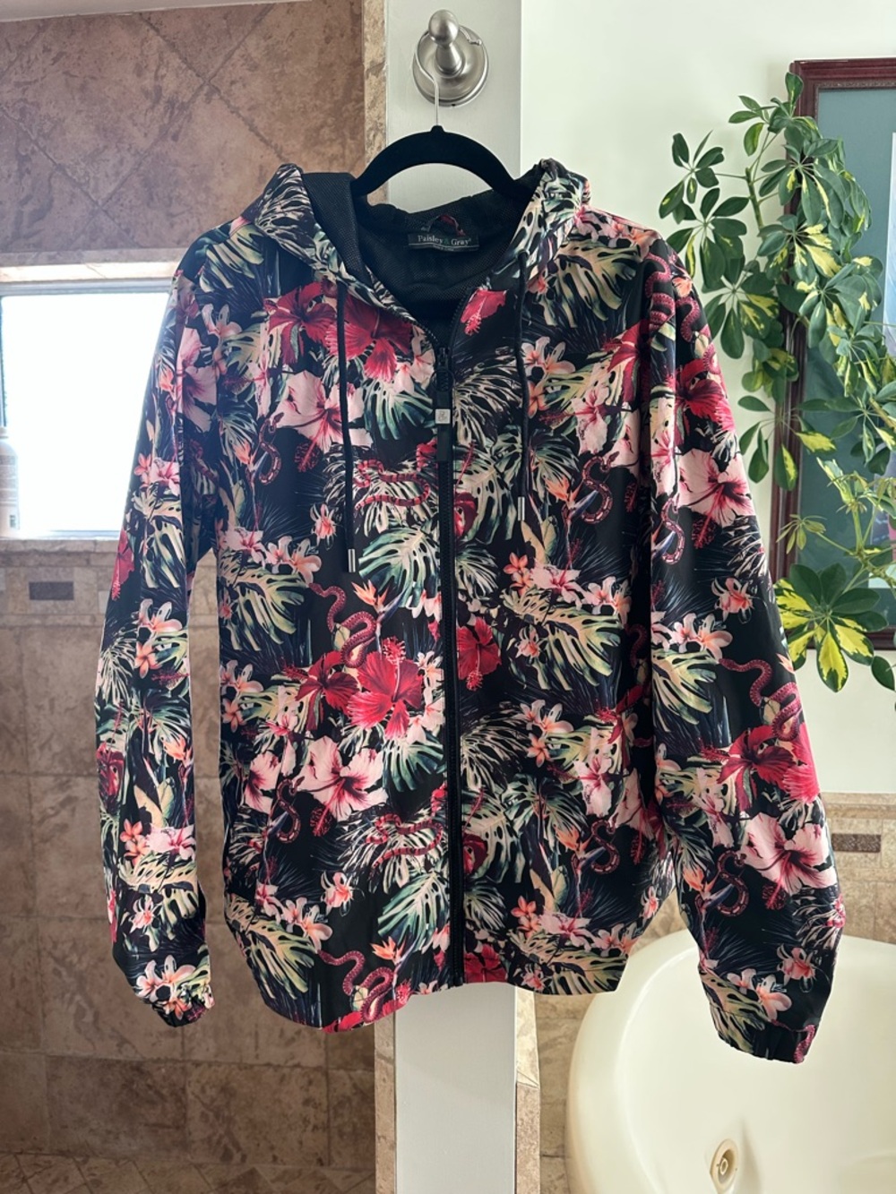 Paisley & Gray Black Hoodie Windbreaker Rain Jacket with Tropical Floral Print M